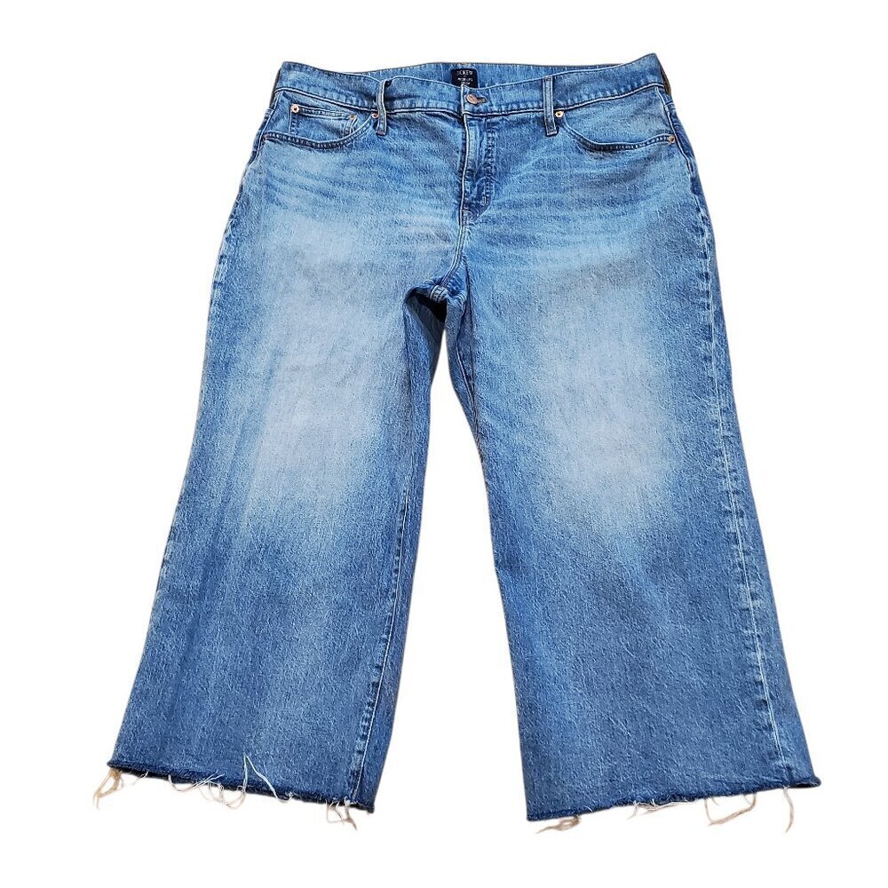 J. CREW Womens Cropped Jeans Wide Leg 5-Pocket Raw Hem Distressed Blue Jeans